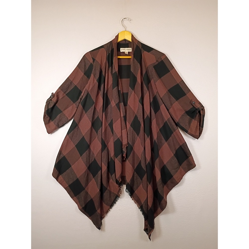 Boho Plaid Knox Rose Womens Small Brown Black Open Front Handkerchief Cardigan